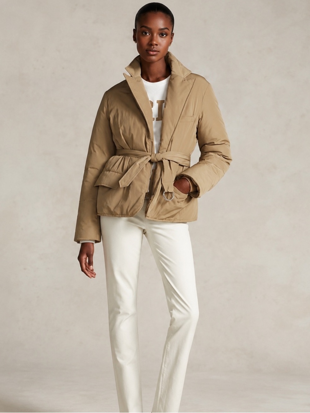 Polo Ralph Lauren Belted Down Jacket Tan Water Repellent Fall Coat S